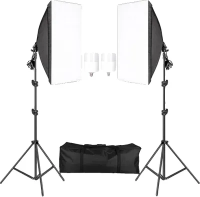 Immagine prodotto di Set di illuminazione con softbox, stativo regolabile, compatibile con lampadine E27, lampadine LED da 30 W