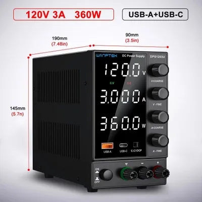 Obrázek produktu pro Laboratorní napájecí zdroj 120V 3A - DPS1203U - Nastavitelná napětí a proud - Stolní napájecí zdroj pro DC aplikace - USB rychlé nabíjení