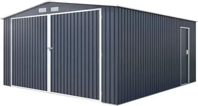 A dark gray metal garage with double doors at the front and a single door on the side, set against a white background.
