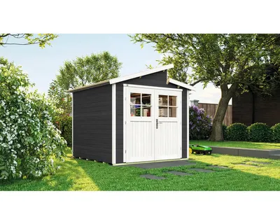 Productafbeelding van WEKA 226.2424.16400 Tuinhuis/blokkenhuis Luna met dubbele deur; Afmetingen: 2; Kleur: Anthraciet; Wanddikte: 21 mm; Afmetingen (L x B x H): 239 cm x 235 cm x 252 cm; Hoogte zijwand: 197 cm
