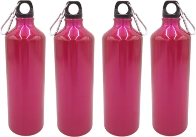 Produktbild von 4x Aluminium Trinkflasche 1 Liter pink mit Karabiner Wasserflasche Sportflasche