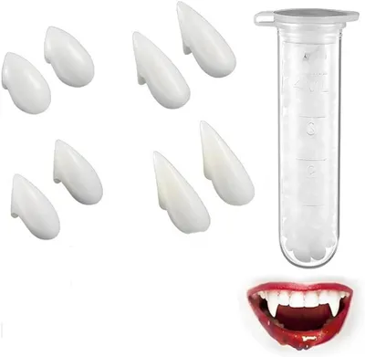 Productafbeelding van 4 paar vampiertanden (13/15/17/19 mm) + veilige tandlijm - Realistische neptanden voor Halloween