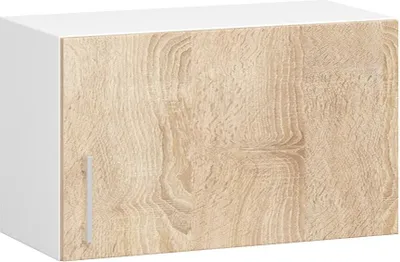 A white and wood-grain kitchen cabinet is shown against a white background.