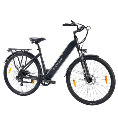 A studio shot of a black electric bicycle against a white background.
