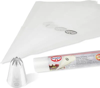 Produktbild von Dr. Oetker Spritzbeutel Set, Einweg Spritzbeutel mit Tülle GRATIS, geschlossene Sterntülle für edles Dekorieren und Verzieren, Menge: 1 x 2er Set (Sterntüllle gratis!)