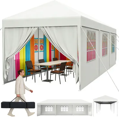 Image de Tente de réception UISEBRT 3 x 9 m, blanche, pavillon de jardin avec panneaux latéraux et fenêtres, protection UV, tente d'extérieur pour événements