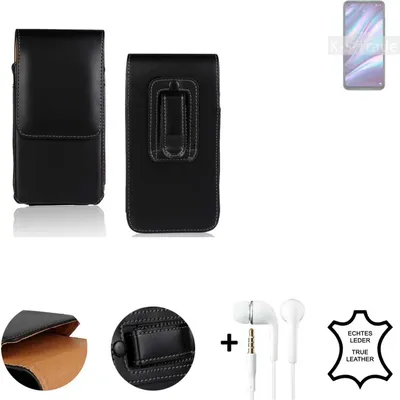 Produktbild von K-S-Trade Leder Gürteltasche + Kopfhörer kompatibel mit Wiko View 5 Seitentasche Belt pouch Holster Handyhülle Schutz Hülle Etui schwarz 1x
