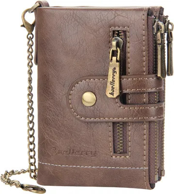 Image de Porte-monnaie en cuir pour homme avec double chaîne antivol double zip poche monnaie avec fenêtre pour carte d'identité, Marron