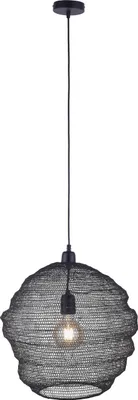 A black pendant light with a wire mesh shade and a visible light bulb.