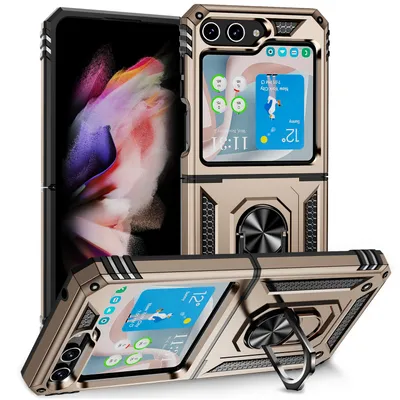 Obrázek produktu pro Pouzdro pro Samsung Galaxy Z Flip 5 dvouvrstvé robustní, vojenská ochrana pouzdro s držákem prstenu a stojánkem Zlato
