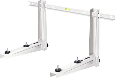 A white metal bracket for an air conditioning unit is shown against a white background.