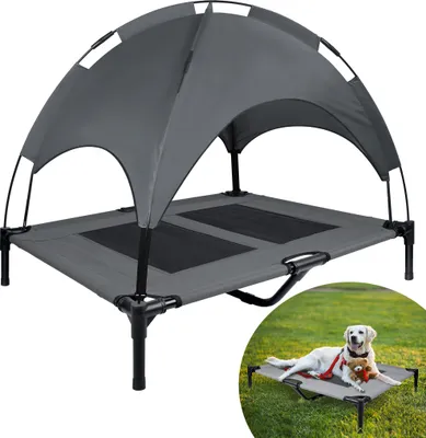 Produktbild von UISEBRT Hundebett mit Dach Sonnenschutz L 92x76x92cm Haustierbett mit Baldachin Hundeliege Outdoor Erhöhtes Hundebett mit Rutschfesten Fußpolster, Wetterfest Hundesofa, Eisenrahmen Katzenbett