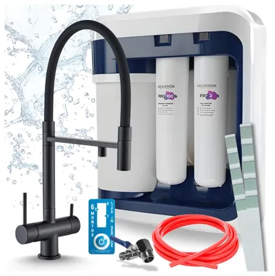 Produktbild von Ari 3-Wege-Küchenarmatur Highflex, Schwarz Matt, Ausziehbare Spültischarmatur Im Set Mit Aquaphor Ro-202S Pro Wasserfiltersystem