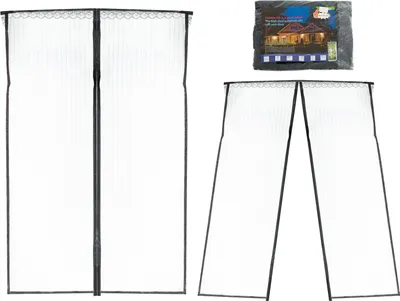 A product shot of a magnetic mosquito net for doors, displayed in two configurations: fully closed and partially open, alongside its packaging.