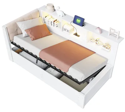 Produktbild von Holzbett mit gepolstertem Kopfteil, LED-Streifen, Lattenrost, Regal, Mehrfachsteckdose und Aufbewahrung, 90x200 cm, Tagesbett, Stauraumbett, Kiefer