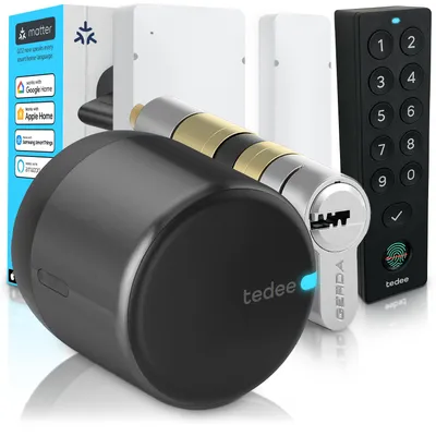 Image de Tedee GO2 Alu Serrure Connectée avec Keypad PRO, Capteur de Porte et Cylindre EXXO Smart | Sécurité Classe 6, Empreinte Digitale | Compatible Matter