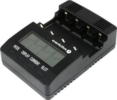 A black battery charger with a digital display and multiple battery slots.