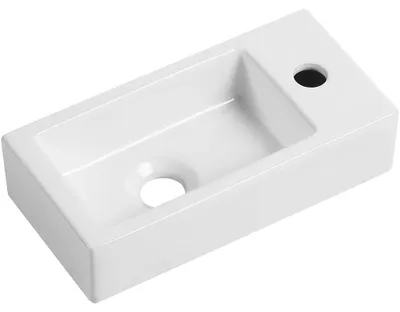 Obrázok produktu pre sklokeramikaO – Keramické umývadlo Roberto, závesné, pravé – biela lesklá – 37,7 × 18,5 cm