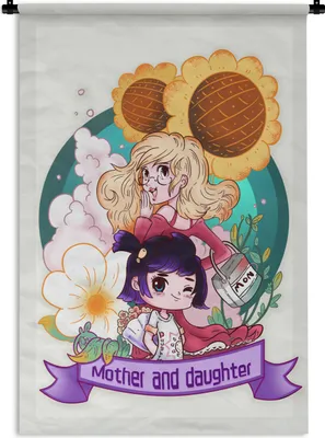 Produktbild von MuchoWow® Wandteppich Wandbehang Mutter und Tochter Illustration mit Blumen 90x135 cm Tapisserie Dekoration Wandtuch - Baumwolle - Wandskulptur
