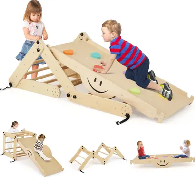 Produktbild von Costway Kletterset aus Kiefernholz und Sperrholz, faltbar, mit verstellbarer und umkehrbarer Rampe, Kletterleiter, Klettersteinen und Wippe, für Kinder, 2 Teile, Maße: Kletterdreieck 60x59x60 cm, Rampe 120x49 cm, max. 60 kg, ab 3 Jahren