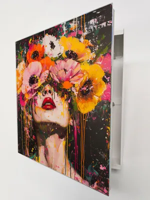 Produktbild von Schlüsselkasten Weiß Metall, bunte Frau Blumen Abstrakt Motiv hinter Glas, Moderne Schlüsselbox rechtsöffnend, 32x28x6,5 cm, 20 Haken für den Flur.