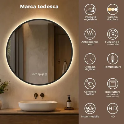 Immagine prodotto di S'AFIELINA Specchio da bagno LED Rotondo 70cm, touch, antiappannamento, dimmerabile, orologio, temperatura, memoria, Nero