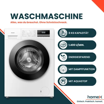 Produktbild von homeX WF814H1A-W Waschmaschine 8kg, Frontlader - 1.400 U/Min, Dampffunktion, AquaStop, Inverter Motor, 15 Programme