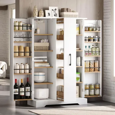 Immagine prodotto di MODFU, armadio da cucina 120x78x35 cm, mobile alto con ripiano per spezie, moderno mobile contenitore a due ante con cassetto verticale a 4 livelli, mobile per soggiorno, bianco