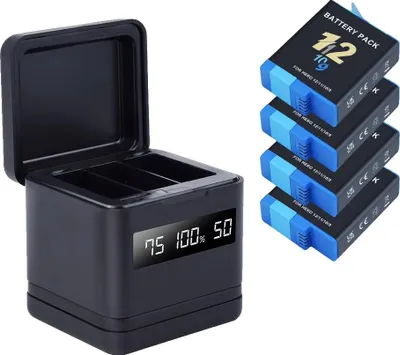 Immagine prodotto di Caricabatterie, display LCD, compatibilità con più fotocamere, 4 batterie 1 caricatore