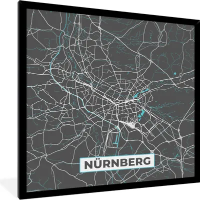 Produktbild von MuchoWow® Gerahmtes Poster Karte - Stadtplan - Nürnberg - Deutschland - Blau 40x40 cm - Poster mit Schwarzem Bilderrahmen Wandposter Rahmen Foto Bilder - Mit Rahmen - Wanddekoration Schlafzimmer