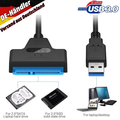 Produktbild von USB 3.0 zu SATA Adapter Kabel, Super Speed 2.5" HDD/SSD Festplatte Driver Konverter/Adapterkabel, Unterstützt UASP SATA III, Kompatibel mit Windows XP/Vista/7/8/10/11 und Mac OS. 9.X/10.X/Linux