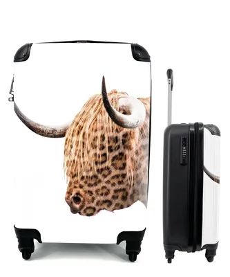 Produktbild von MuchoWow® Koffer Handgepäck Trolley Rollkoffer Kleine Reisekoffer mit 4 Rollen - Schottischer Highlander - Weiß - Pantherdruck - Cabin Size < 55x40x23 cm & 55x40x20 cm - Fotokoffer - Kabinenkoffer - Boardgepäck - Reise-Box - Reisekoffer - Reisegepäck - Koffer mit Bild - Trolley für Kinder