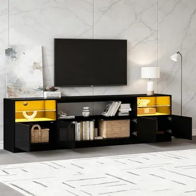 Produktbild von MODFU TV-Schrank Schwarze Hochglanz mit LED,Lowboard mit offener Schrank,Fernsehschrank mit 4 Flügeltüren und 8 Stauräume,180 x 35 x 60 cm