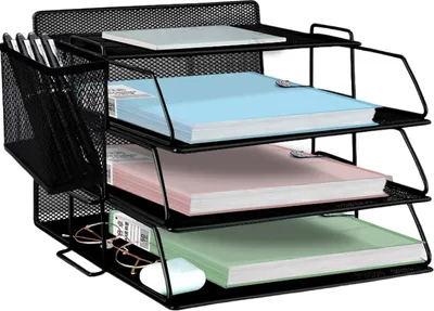 Produktbild von 4-stufiges Büro-Aufbewahrungsregal mit Stifthalter, Metallgeflecht, Desktop-Organizer, Aktenständer, Dateimanager, Schreibtischzubehör