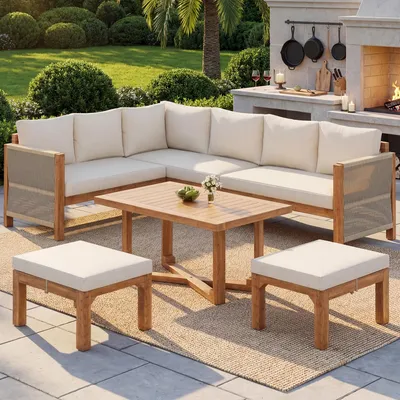Produktbild von Merax Modulares Gartenmöbel-Set, 6-Sitzer Ecksofa mit Kissen, 2 Hocker & Akazienholztisch, Atmungsaktiv Outdoor Set mit hochwertiges Akazienholz,Beige
