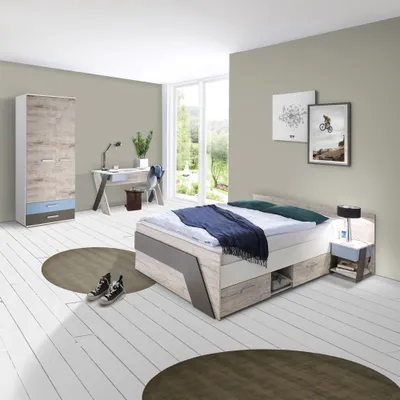 Produktbild von Jugendzimmer Set mit 140x200cm Kojenbett LEEDS-10 in Sandeiche Nb. mit weiß, Lava und Denim Blau