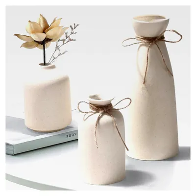 Produktbild von 3er Set Beige Vasen, Moderne Keramik Vasen für Innenräume, Dekorativ für Pampasgras und Trockenblumen, Ideal für Regale, Tische, Bücherregale und Kamine