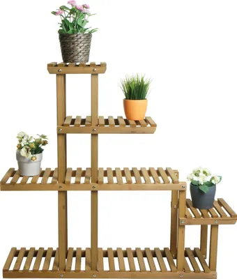 Image de Étagère à plantes MCW-L71, étagère en escalier pour fleurs, 5 tablettes, 95 x 105 x 25 cm, pour l'extérieur, en bois de sapin , marron