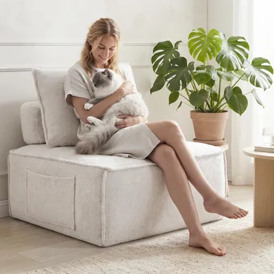 Produktbild von Modularer Loungesessel für Wohnz, 84 × 84 cm Bodensessel aus Teddyfleece, 2-in-1 als Sessel oder Hocker, mit Rückenkissen und Seitentasche