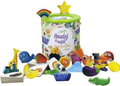 A collection of wooden toys and a fabric bin, likely a children's game.