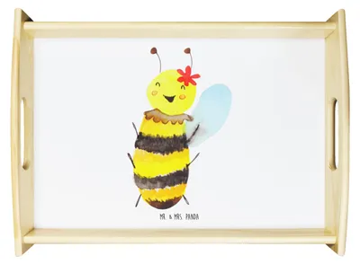 Produktbild von Mr. & Mrs. Panda Serviertablett Biene Happy - Weiß - Geschenk, Servier Tablett, holz, aus, Dekotablett