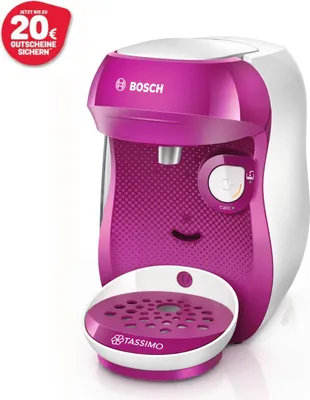 A close-up studio shot of a purple and white Bosch Tassimo capsule coffee machine.
