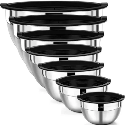 Produktbild von Rührschüssel-Set, 7-teilig, Edelstahl, mit luftdichten Deckeln, stapelbar, spülmaschinenfest, Größen 5, 3,5, 2,5, 2, 1,5, 1, 0,67 Liter