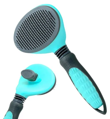 Image de Brosse pour chiens, brosse pour chats, outil pour enlever le sous-poil, adapté aux poils longs et courts, avec système de nettoyage à un bouton, couleur bleue
