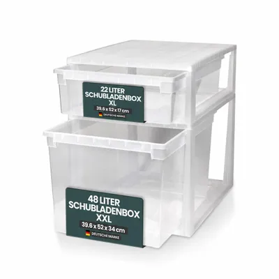 Produktbild von Set: 2 x Schubladenboxen 52 Größe XL mit Nutzvolumen mit 22 (XL) und 1 x Größe XXL mit 50 (XXL) Liter.