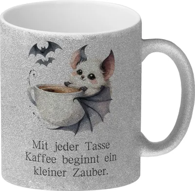 Produktbild von niedliche Fledermaus mit Kaffeetasse Glitzer-Kaffeebecher mit Spruch Jede Tasse
