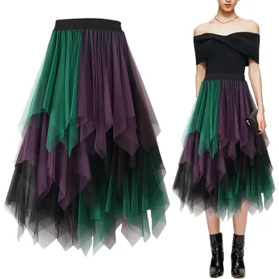 Productafbeelding van Tulle Rok - Hoge Taille A-lijn Midi met Lagen - Paars-Groen