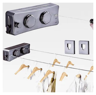 Produktbild von Ausziehbare Wäscheleine, 2 x 5,1 m, Wandmontierte Wäscheleine für Hotel, Waschküche, Badezimmer (Grau)