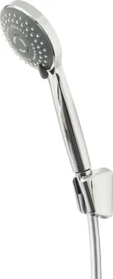 A close-up shot of a chrome hand shower head and hose holder against a white background.