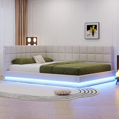 Image de MODFU Lit Gigogne 160x200 cm - Lit Double avec Coffres Réversibles et Éclairage LED, Rangement Pratique, Tissu Contreplaqué MDF, Sans Matelas - Beige